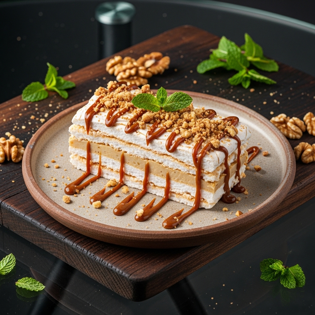 “Delectable Vegan Chilean Manjar Pavé with Walnut Crumble and Dulce de Leche”